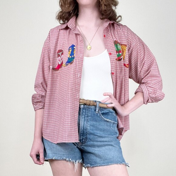 Vintage Embroidered Cowboy Boot Shirt Coastal Cowgirl Western Rodeo Top Blouse - Picture 3 of 13